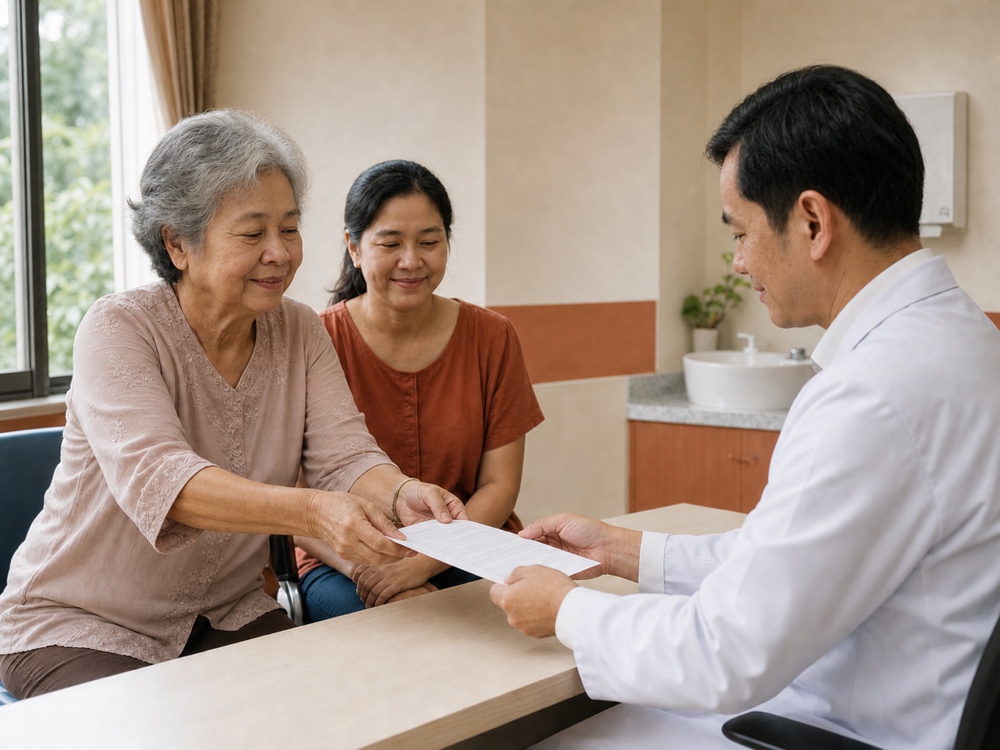 ผู้สูงวัยยื่นเอกสารสรุปให้แพทย์ในห้องตรวจ โดยมีลูกสาวนั่งอยู่ด้วย